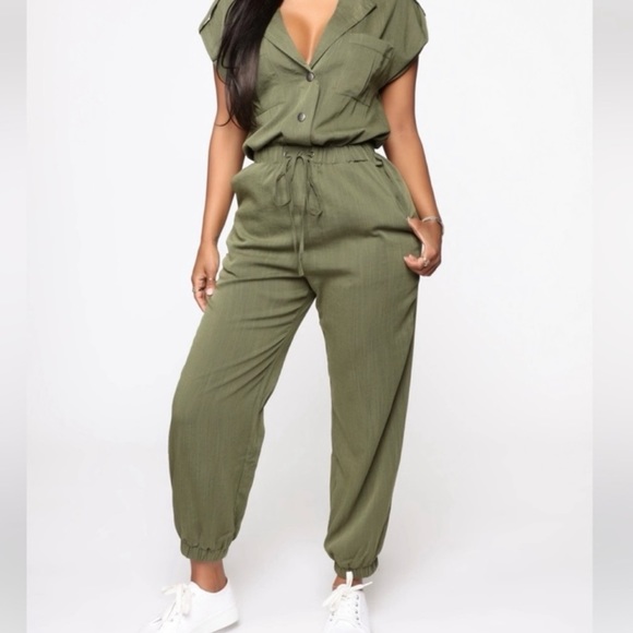 Fashion Nova Pants - Fashion Nova olive green utility jumpsuit size medium
